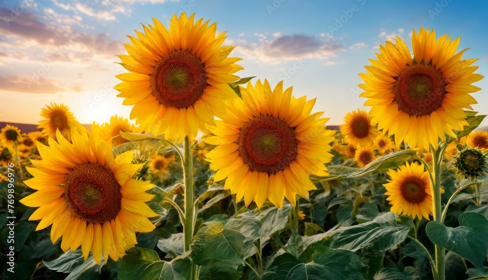   A sunflower field bathed in golden light as the sun descends on the horizon, with a stunning blue sky overhead