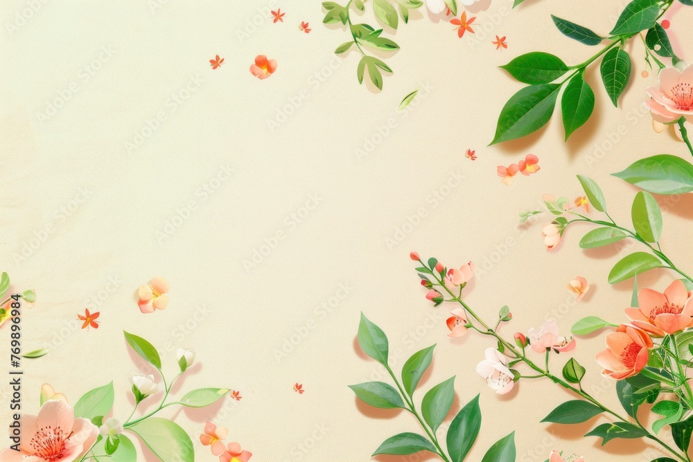 background with blooming flowers and green leaves on solid pastel background copy space. ai generative