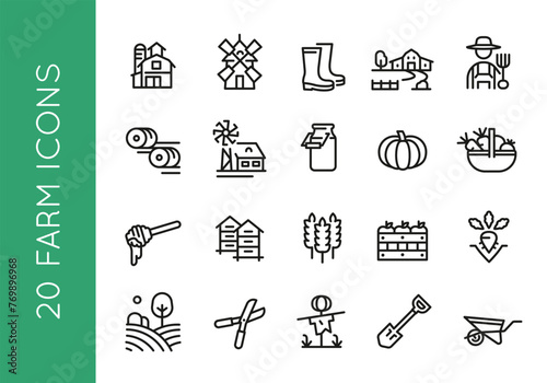 20 farming icons: equipment, facilities, tools, crops, vegetables, fruit for web, mobile, promo. Fit agriculture, food, countryside themes. Black outline, vector illustration.