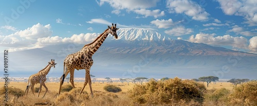 Wild african giraffe on Kilimanjaro mount background. National park of Kenya  Africa. AI generated illustration