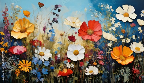 A painting depicts a field of flowers beneath a blue sky, with a butterfly in the center of the composition