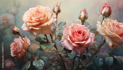 A picture featuring many pink roses on a hazy backdrop, accompanied by a faintly blue sky in the distance