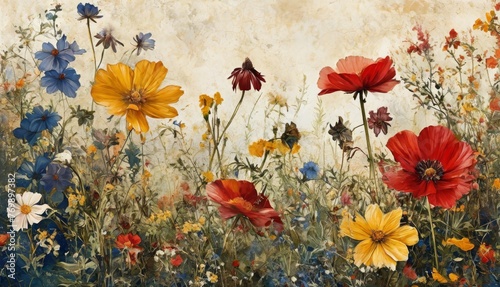   A painting depicts a field of diverse wildflowers in shades of blue  yellow  red  and white in the foreground