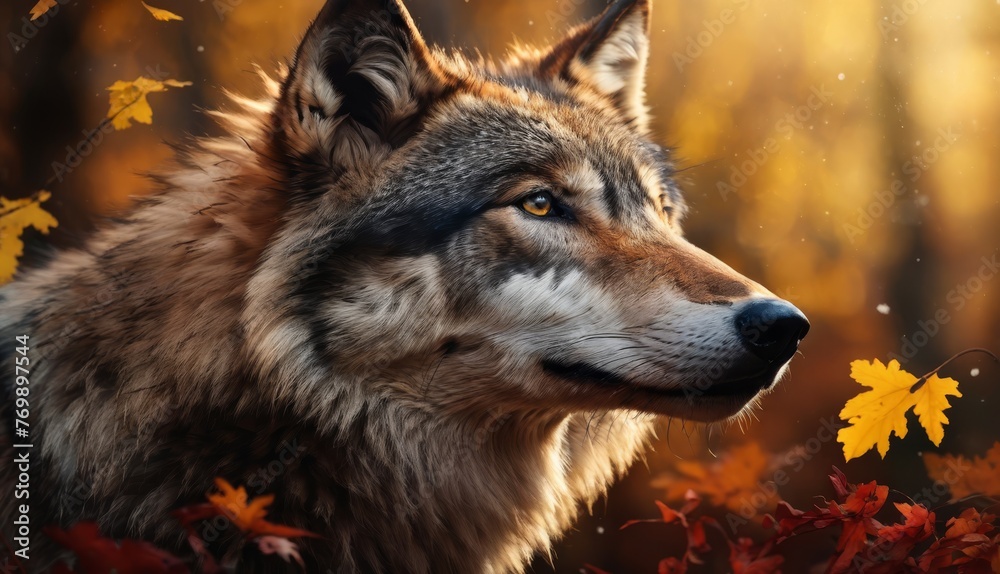 Obraz premium A wolf in autumn foliage with trees and more foliage behind