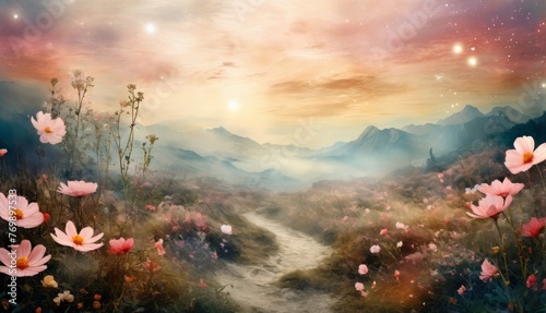  A painting depicting flowers in a field, a winding path leading to a celestial sky, and majestic mountains as the backdrop