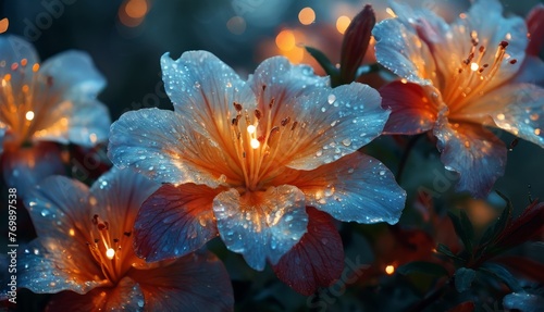  A close-up photo of multiple flowers, featuring droplets of water on their petals