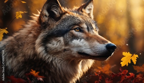  A wolf in autumn foliage with trees and more foliage behind