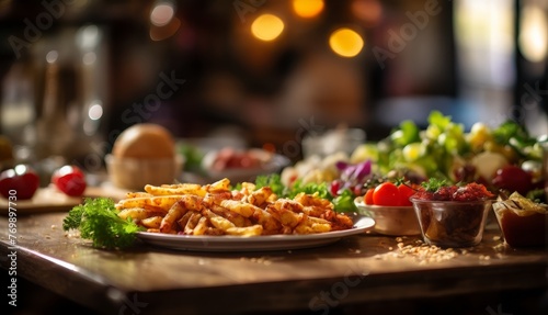  A close-up of French fries on a plate next to a salad and a bottle of ketchup
