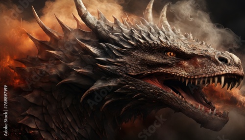   Dragon face in close-up with open mouth and fire emanating from its mouth © Viktor