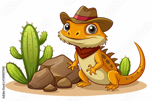 Cute Bearded Dragon wearing a cowboy hat On a rock under a cactus , high detail, white background