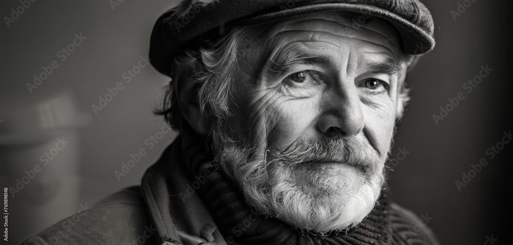   A monochromatic image of an elderly gentleman donning a hat and a knitted sweater, with a cozy scarf draped elegantly around his neck