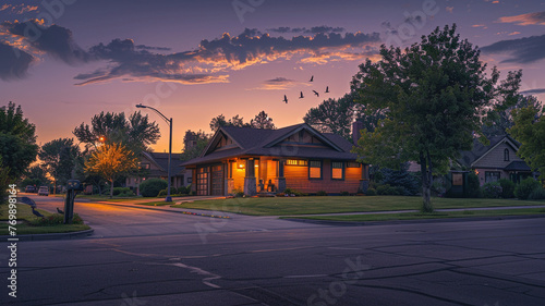 A serene suburban morning, a warm apricot Craftsman style house glowing under the soft sunrise, birds chirping quietly, streets empty and peaceful photo