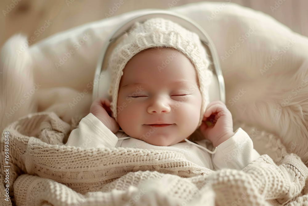 Closeup of cute little smiling newborn infant baby in headphones isolated on solid color background Closeup of cute little smiling newborn infant baby in headphones isolated on solid color background