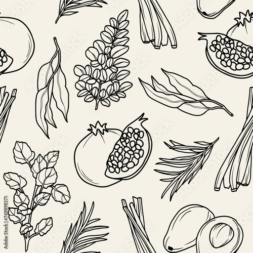 Line art cosmetic plants and herbs background. Lemon verbena, lemongrass, pomegranate, tea tree, avocado, moringa, eucalyptus