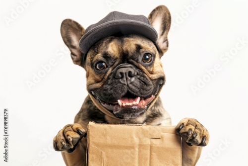 dog in a cap delivers a parcel hold a box on a white background photo