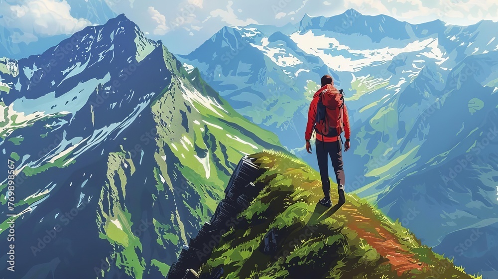 Brave explorer walking along narrow mountain ridge, Adventurous hiker in majestic alpine landscape illustration