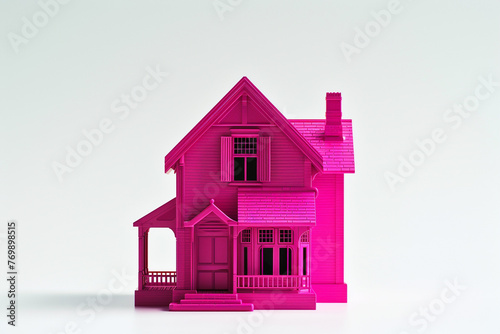 A vibrant magenta miniature house, standing out boldly against a stark white background, 
