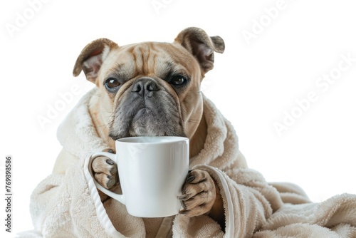 grumpy dog in bathrobe holding cup of coffee in his paw © Igor