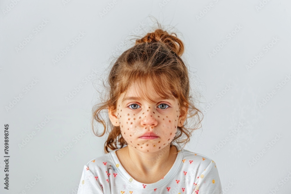 Sick child with chickenpox. Varicella virus or Chickenpox bubble rash on child body and face - obrazy, fototapety, plakaty 