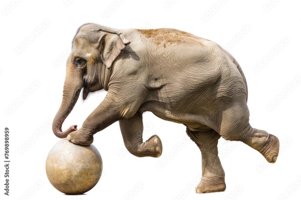 Obraz premium A circus elephant balancing on a ball Isolated on solid white background