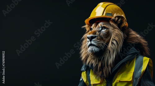 Celebrating World Safety Day, a compelling image features a lion, the king of the jungle, donning a reflective safety jacket and a snug yellow helmet.