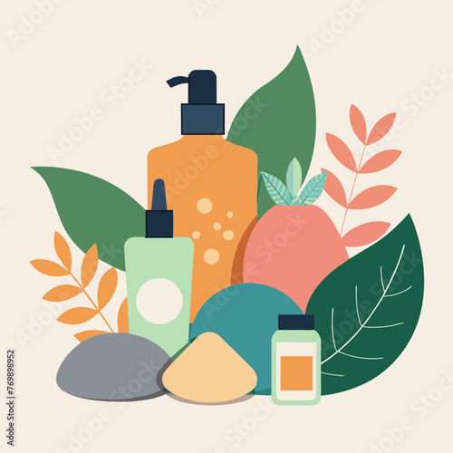 Showcasing a variety of skincare products arranged artfully against a backdrop of natural elements like leaves and stones, highlighting their organic and rejuvenating properties