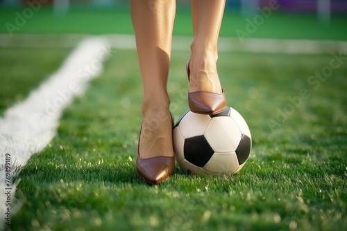 Female heel stands on a soccer ball on stadium green grass