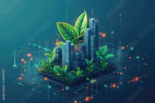 Isometric sustainable development, green spaces integration, vibrant plant life, sunset hue , blue sci-fi tone, photo