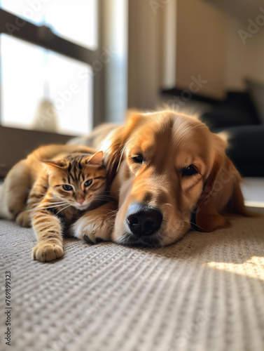 golden retriever dog and a brown cat snuggling on a fuzzy carpet