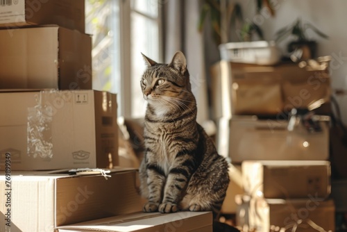 Moving to new home. Stack of cardboard boxes and cat sitting in empty cardboard box inside the room © Igor
