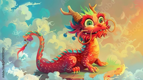 Colorful Chinese Dragon Cartoon Character in Cute, Playful Style Digital Illustration
