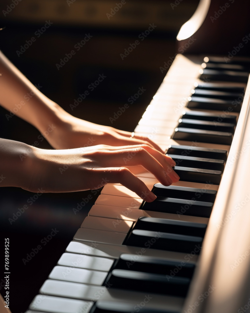 Graceful hands playing classical piano music in warm sunlight, young woman learns to play an instrument, the sunlight casts soft shadows, highlighting the elegance of the musical performance