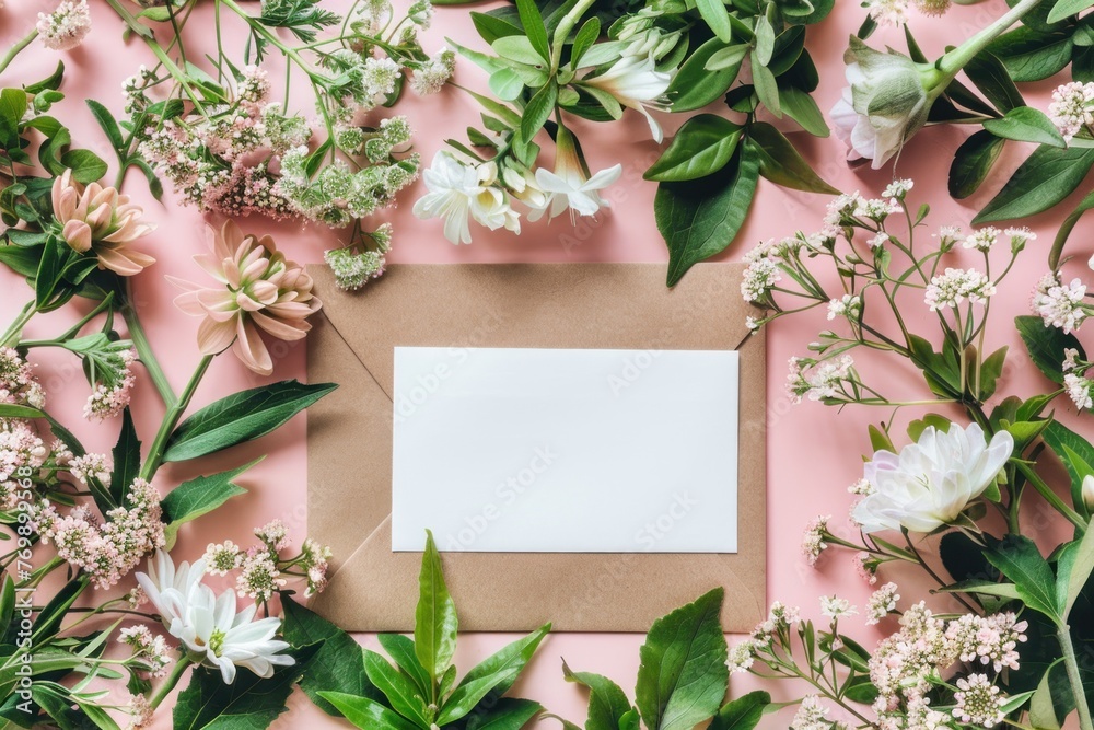 Blank white paper card and brown envelope in middle of beautiful spring flowers Blank white paper card and brown envelope in middle of beautiful spring flowers