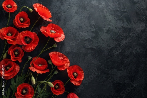Red poppies on black background. Remembrance Day, Armistice Day symbol © Igor