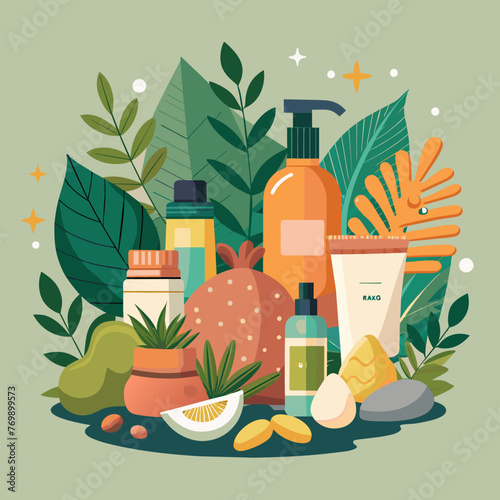 Showcasing a variety of skincare products arranged artfully against a backdrop of natural elements like leaves and stones, highlighting their organic and rejuvenating properties