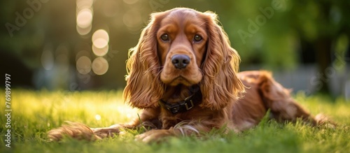 A Liver Fawn Cocker Spaniel, a dog breed in the Sporting Group, is lying in the grass, its snout raised as it looks at the camera, a perfect image of a carnivore companion dog in a natural landscape photo
