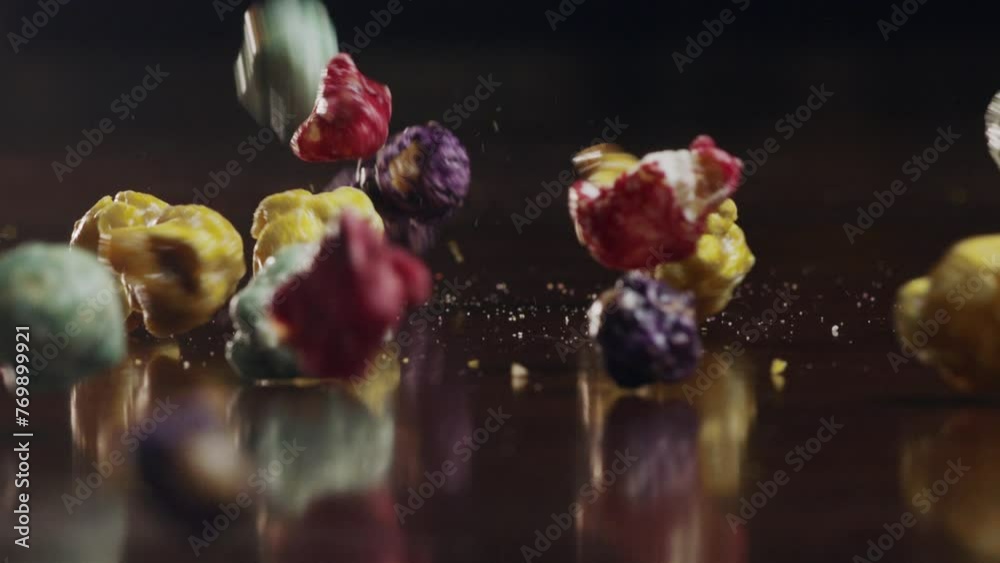 Colourful candies of irregular shape fall on a dark mirroring surface. Confectionery drops, rotates, trundles, lies and reflected on the table. Close up. Blur effect. Slow motion. Selective focus mode