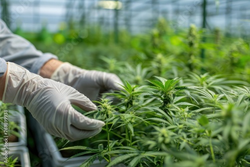 hands of a worker in gloves in a greenhouse with medicinal marijuana cannabis bushes. Legal commercial cannabis business
