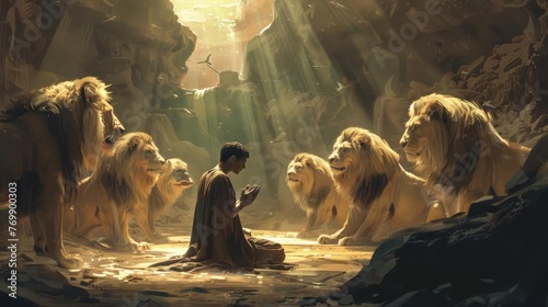 Daniel praying in the lions' den, demonstrating unwavering faith and resilience in the face of danger, digital illustration photo