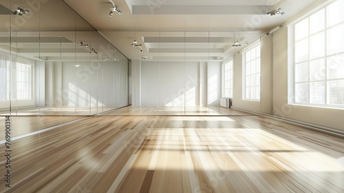 Dance studio interior with large mirror wall, wooden floor and bright lighting