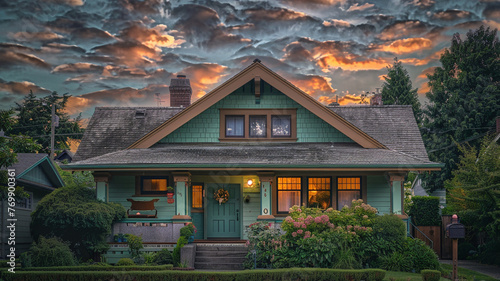 Morning's gentle awakening, a mint green Craftsman style house bathed in the soft light of dawn, suburban calm as the day begins, tranquil and refreshing