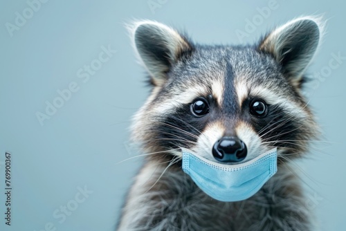 raccoon with bulging big eyes in medicine mask over blue bright background