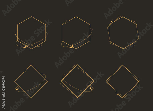 Modern minimalist aesthetic line elements, trendy linear frames with stars, geometric forms. Arch frame with sparkles for social media or poster design, simple decorative boho style border vector set