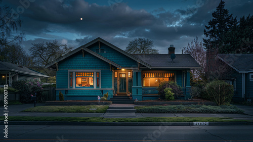 Nightfall in the suburbs, a deep teal Craftsman style house stands out against the quiet, darkened street, lit by the soft lunar glow, silent and restful
