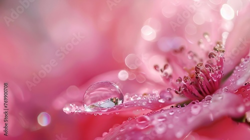 Delicate pink flower with single sparkling water droplet, extreme macro photography with soft focus background