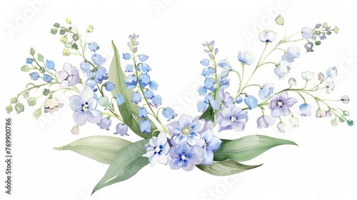 Delicate spring flowers watercolor illustration, lily of the valley and violets in soft pastel colors, floral wreath composition
