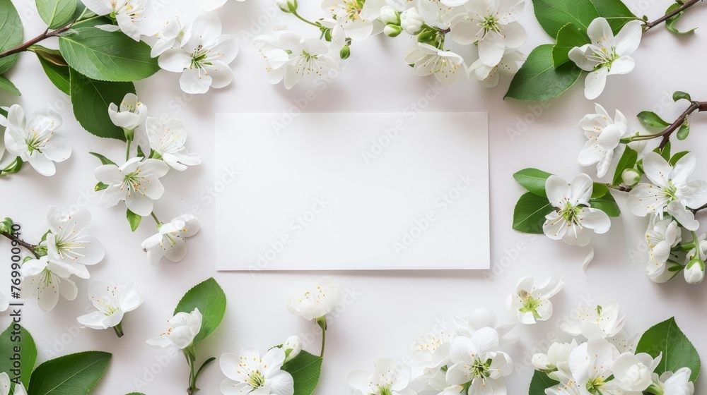 Delicate white flowers arranged on blank card, organic floral invitation template, top view - obrazy, fototapety, plakaty 