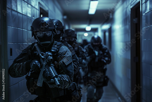 Police SWAT team in a residential hallway