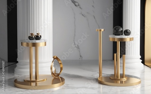 3d rendering Round marble pedestals. And the bending of the golden round frame into the overlap of the art dimension on the catwalks can be used for advertising, Izo. , luxury design. trendy. high qua photo