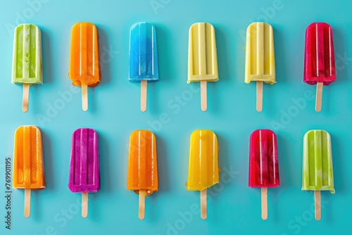 Colorful ice cream popsicles on blue background